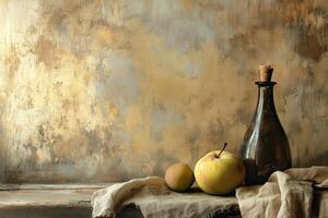 Still Life with Apple, Bottle, and Fabric on Wooden Table photo