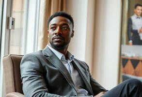 A Man in a Suit Sitting in a Chair Looking Up photo