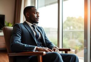 A businessman sitting in a chair by a window, looking out photo