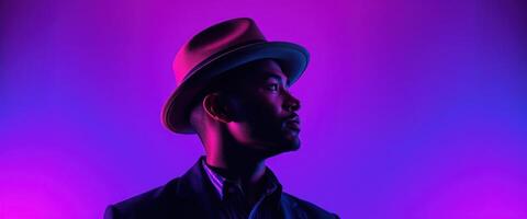 A Man in a Hat Gazing Off to the Side, Illuminated by Purple and Blue Light photo
