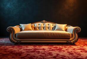 Ornate Gold-Trimmed Sofa on Red Carpet photo