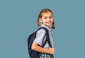 Smiling school girl with backpack looking over shoulder photo