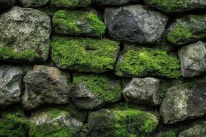 Moss-Covered Stone Wall in a Lush Forest photo