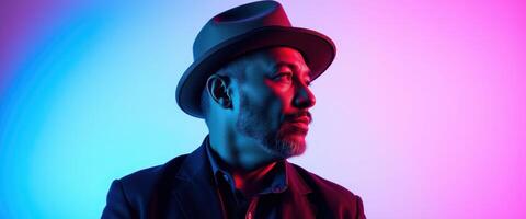 A Man in a Fedora Under Neon Blue and Pink Lighting photo