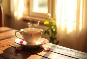 Steam Rising From a Cup of Tea on a Wooden Table With Rose Petals photo