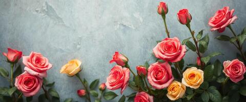 Pink and Peach Roses with Green Leaves on a Grey Background photo