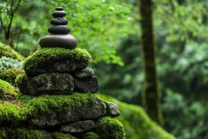 Balanced Stones on Mossy Rocks in a Forest Setting photo