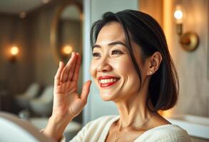 Woman with short hair smiling and looking at her reflection photo