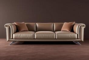 Beige Leather Sofa with Pillows on a Brown Background photo
