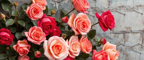 A Bouquet of Pink and Red Roses Against a Weathered Wall photo