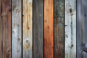Close-up of a Weathered Wooden Fence with Various Textures and Colors photo