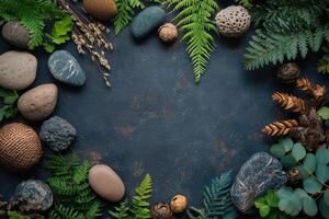 Natural Elements Frame with Stones, Ferns, and Eucalyptus Leaves photo