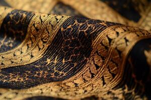 Close-up of Black and Gold Woven Fabric with Intricate Patterns photo
