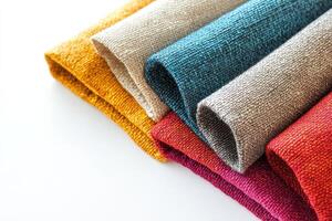 Colorful Fabric Samples Rolled Up on a White Surface photo