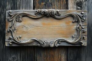 Ornate Wooden Frame on Weathered Wooden Background photo