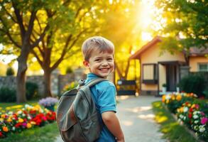 Smiling Boy with Backpack Walking in a Sunny Garden photo