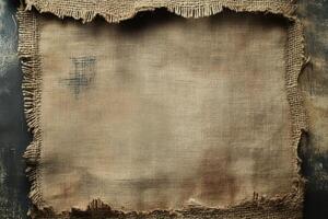 A Square Piece of Brown Burlap Fabric with Frayed Edges photo
