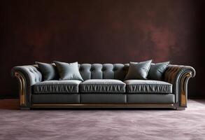 Grey Leather Sofa with Gold Trim in a Room with a Dark Wall photo