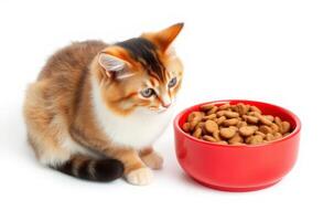 A Tabby Kitten Gazing at a Bowl of Cat Food photo