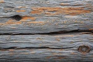 Close-up of Weathered Wood with Knots and Lichen photo