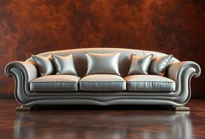 Grey Leather Sofa with Pillows in a Room with a Wood Wall and Floor photo