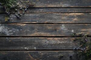 Dried Flowers and Greenery Scattered on Rustic Wooden Planks photo