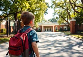 Young Boy with Backpack Facing School Building photo