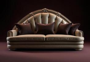 Ornate Leather Sofa with Three Cushions photo