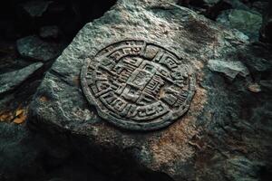 Carved Symbol on Rough Stone Surface photo