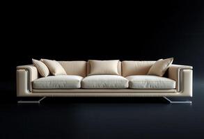 Modern Beige Sofa with Chrome Accents on a Black Background photo