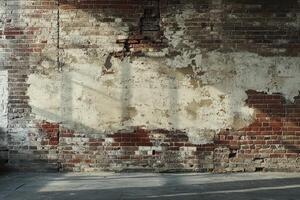 Weathered Brick Wall with Peeling Plaster and Sunbeams photo