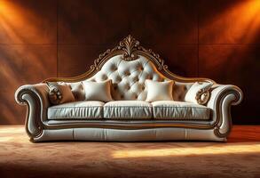 Ornate Gold-Trimmed White Leather Sofa with Pillows photo