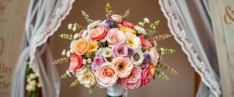 A Colorful Bouquet of Flowers in a Vase, Decorated with Lace photo