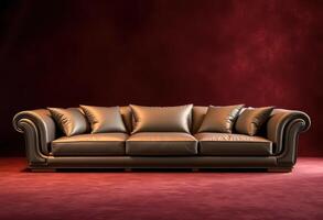 Brown Leather Sofa with Pillows in Front of a Red Wall photo