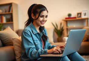 Woman Sitting on Couch Using Laptop photo