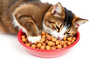 A Tricolor Kitten Eating From a Red Bowl photo