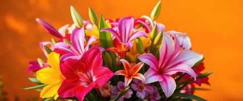 A vibrant bouquet of multicolored lilies with orange background photo
