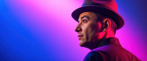 Portrait of a Man in a Fedora Against a Pink and Blue Gradient Background photo