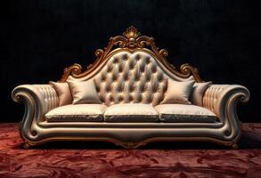 Ornate Gold and White Sofa with Pillows on a Red Rug photo
