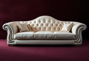 White Leather Sofa with Button Tufting and Pillows photo