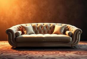 Luxurious Beige Leather Sofa with Button Tufting and Pillows photo