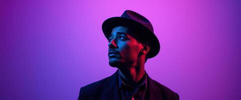 A Man in a Hat Looking Up, Lit by Neon Lights photo