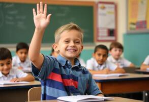 A Young Boy Raises His Hand in a Classroom Setting photo