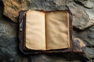 Open Vintage Leatherbound Book on Rough Stone Surface photo