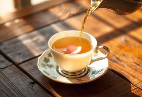 Pouring Tea into a Cup with Rose Petal photo