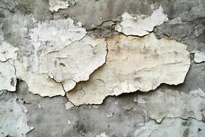 Cracked and Peeling White Paint on a Gray Concrete Wall photo