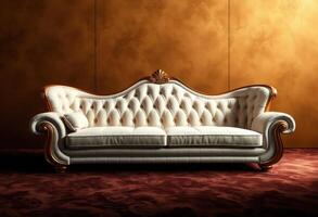 White Leather Sofa with Ornate Wooden Frame and Gold Accents photo