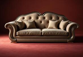 Ornate Beige Sofa with Gold Trim and Pillows photo