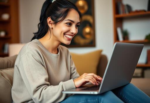 Smiling Woman Using Laptop While Sitting on a Sofa photo