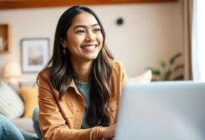 Smiling Woman Looking Away While Using Laptop photo